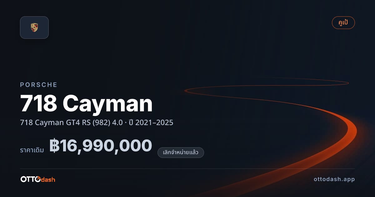 ราคา พอร์ช 718 Cayman GT4 RS (982) 4.0 ปี 2021–2025 (ยกเลิกแล้ว) สเปค ไทย